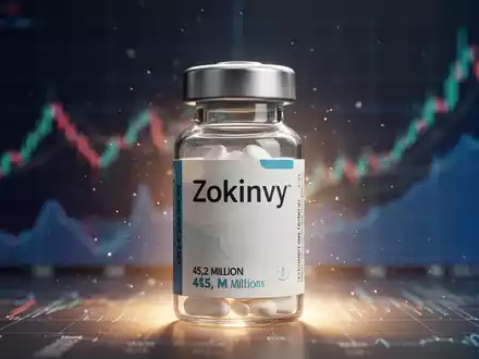 Nahaufnahme einer Zokinvy-Medikamentenflasche mit verschwommenen Finanzdiagrammen im Hintergrund, die 45,2 Millionen symbolisieren. - Foto: über boerse-global.de