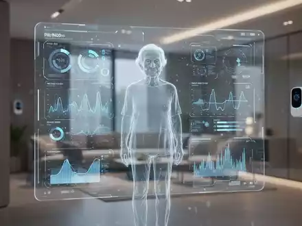 Ein digitales Zwilling-Interface mit biometrischen Daten und der Umriss einer älteren Person, projiziert auf einen Bildschirm in einem Smart Home. - Foto: über boerse-global.de