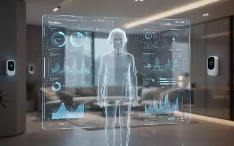Ein digitales Zwilling-Interface mit biometrischen Daten und der Umriss einer älteren Person, projiziert auf einen Bildschirm in einem Smart Home. - Foto: über boerse-global.de