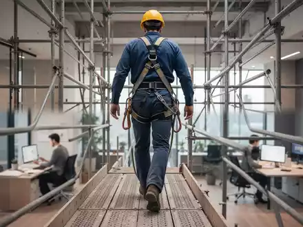 Ein Bauarbeiter mit Sicherheitsgurt auf einem Gerüst und eine Person, die im Homeoffice an einem Schreibtisch arbeitet. - Foto: über boerse-global.de