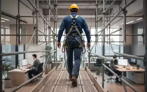 Ein Bauarbeiter mit Sicherheitsgurt auf einem Gerüst und eine Person, die im Homeoffice an einem Schreibtisch arbeitet. - Foto: über boerse-global.de