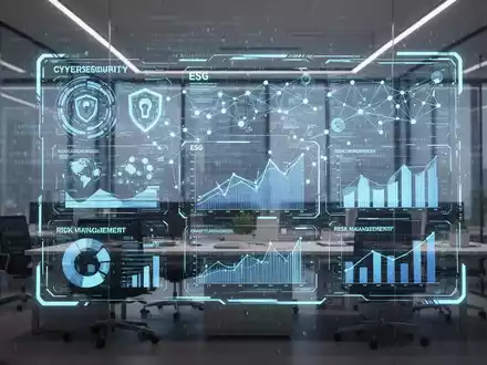 Eine digitale Oberfläche mit Grafiken zu Cybersicherheit, ESG-Daten und Risikomanagement in einem modernen Büro. - Foto: über boerse-global.de