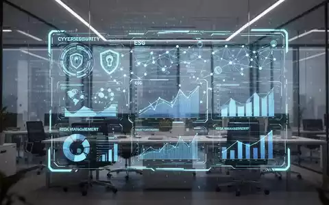 Eine digitale Oberfläche mit Grafiken zu Cybersicherheit, ESG-Daten und Risikomanagement in einem modernen Büro. - Foto: über boerse-global.de