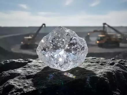 Ein großer, ungeschliffener Diamant auf einem dunklen Felsen, im Hintergrund eine verschwommene Minenlandschaft. - Foto: über boerse-global.de