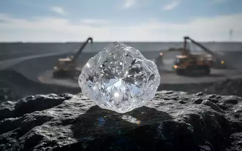 Ein großer, ungeschliffener Diamant auf einem dunklen Felsen, im Hintergrund eine verschwommene Minenlandschaft. - Foto: über boerse-global.de