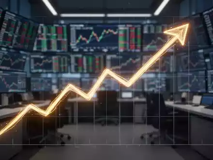 Eine stilisierte, leuchtende, aufwärts gerichtete Linie eines Diagramms über einem verschwommenen Hintergrund eines modernen Handelsraums. - Foto: über boerse-global.de