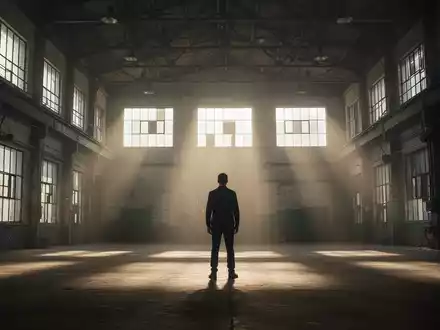 Eine einzelne, silhouettierte Person steht in einer leeren Fabrikhalle mit Sonnenlicht, das durch hohe Fenster fällt. - Foto: über boerse-global.de