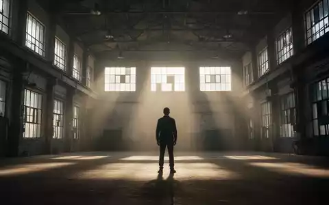 Eine einzelne, silhouettierte Person steht in einer leeren Fabrikhalle mit Sonnenlicht, das durch hohe Fenster fällt. - Foto: über boerse-global.de