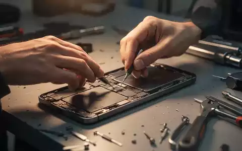 Nahaufnahme von Händen, die ein elektronisches Gerät auf einer Werkbank reparieren, um die Kreislaufwirtschaft darzustellen. - Foto: über boerse-global.de