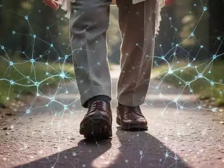 Nahaufnahme der Beine einer älteren Person, die auf einem Weg geht, mit einer subtilen Überlagerung von neuronalen Netzwerken, die die Rolle des Gehirns darstellen. - Foto: über boerse-global.de