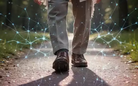 Nahaufnahme der Beine einer älteren Person, die auf einem Weg geht, mit einer subtilen Überlagerung von neuronalen Netzwerken, die die Rolle des Gehirns darstellen. - Foto: über boerse-global.de