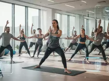 Eine Gruppe von Menschen praktiziert Yoga in einem hellen, modernen Studio, mit angedeuteter digitaler Zugänglichkeit. - Foto: über boerse-global.de