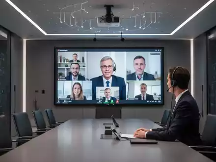 Ein modernes Konferenzzimmer mit einem großen Bildschirm, der einen Videoanruf zeigt, und einem Deckenmikrofonarray. - Foto: über boerse-global.de