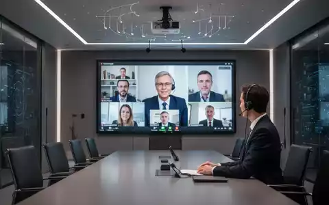 Ein modernes Konferenzzimmer mit einem großen Bildschirm, der einen Videoanruf zeigt, und einem Deckenmikrofonarray. - Foto: über boerse-global.de