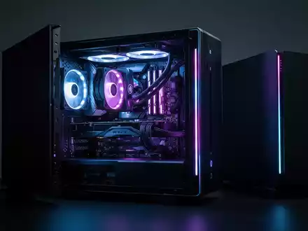 Schlanker, kompakter Gaming-PC mit leuchtenden Innenkomponenten, neben einer schwächeren Standard-Konsole. - Foto: über boerse-global.de