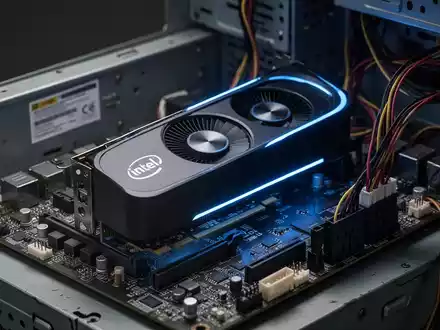 Intel Arc Grafikkarte wird in älteres Office-PC-Mainboard eingebaut, zeigt Technologie-Upgrade. - Foto: über boerse-global.de