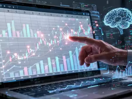 Futuristische Excel-Tabelle mit leuchtenden Finanzdiagrammen und KI-Elementen, Datenströmen und Hand interagiert mit holografischem Display. - Foto: über boerse-global.de