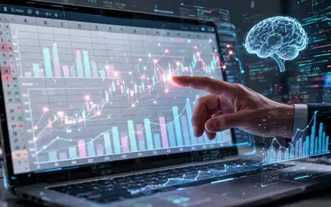 Futuristische Excel-Tabelle mit leuchtenden Finanzdiagrammen und KI-Elementen, Datenströmen und Hand interagiert mit holografischem Display. - Foto: über boerse-global.de