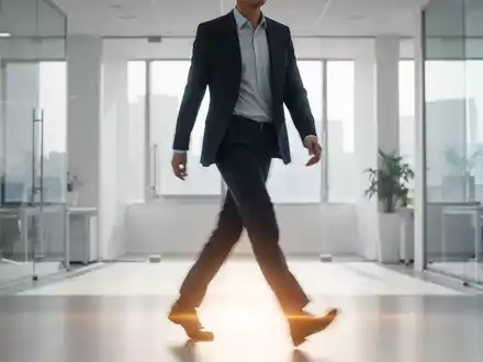 Eine Person in Business-Kleidung macht einen kurzen Spaziergang in einem modernen Büro, um Müdigkeit am Schreibtisch vorzubeugen. - Foto: über boerse-global.de