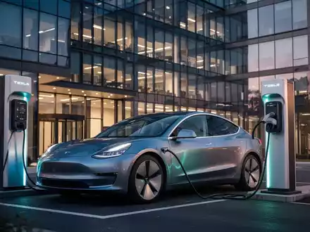 Ein modernes Elektrofahrzeug lädt an einer gewerblichen Ladestation vor einem Bürogebäude in der Dämmerung. - Foto: über boerse-global.de