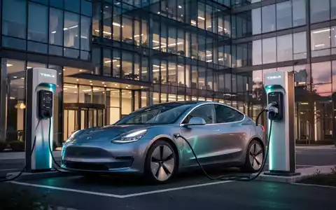 Ein modernes Elektrofahrzeug lädt an einer gewerblichen Ladestation vor einem Bürogebäude in der Dämmerung. - Foto: über boerse-global.de
