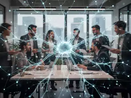 Ein stilisiertes, leuchtendes neuronales Netzwerk überlagert eine moderne Büroumgebung mit verschwommenen menschlichen Figuren, die zusammenarbeiten. - Foto: über boerse-global.de