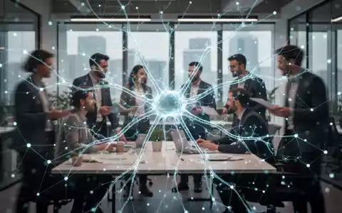 Ein stilisiertes, leuchtendes neuronales Netzwerk überlagert eine moderne Büroumgebung mit verschwommenen menschlichen Figuren, die zusammenarbeiten. - Foto: über boerse-global.de