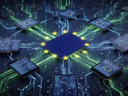 EU-Flagge auf digitalem Netzwerk, Symbol für Cybersicherheitsregeln bei IoT und digitalen Produkten. Grüne und blaue Datenströme fließen. - Foto: über boerse-global.de