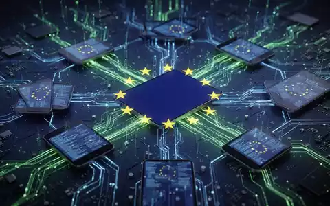 EU-Flagge auf digitalem Netzwerk, Symbol für Cybersicherheitsregeln bei IoT und digitalen Produkten. Grüne und blaue Datenströme fließen. - Foto: über boerse-global.de