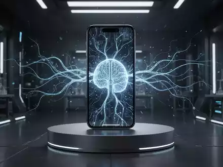 Futuristisches iPhone 18 mit leuchtenden KI-Neuronalnetzlinien, Symbol für fortschrittliche Technologie und erweiterten KI-Speicher. - Foto: über boerse-global.de