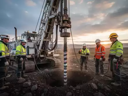 Bohranlage in einer rauen Landschaft mit Geologen, die Bohrkernproben entnehmen. Fokus auf kritische Metalle Exploration. - Foto: über boerse-global.de