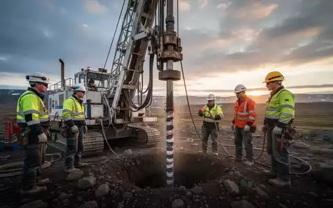 Bohranlage in einer rauen Landschaft mit Geologen, die Bohrkernproben entnehmen. Fokus auf kritische Metalle Exploration. - Foto: über boerse-global.de