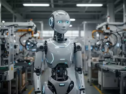 Schlanker humanoider Roboter mit leuchtenden Akzenten in moderner, automatisierter japanischer Fabrik mit unscharfen Maschinen im Hintergrund. - Foto: über boerse-global.de