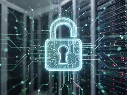Ein abstraktes, leuchtendes digitales Vorhängeschloss über verschwommenen Computerservern und Datenströmen, das Cybersicherheit symbolisiert. - Foto: über boerse-global.de