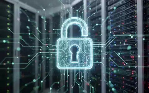Ein abstraktes, leuchtendes digitales Vorhängeschloss über verschwommenen Computerservern und Datenströmen, das Cybersicherheit symbolisiert. - Foto: über boerse-global.de