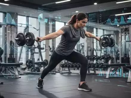 Eine Person in Sportkleidung führt eine funktionelle Übung in einem modernen Fitnessstudio aus, mit subtilen wissenschaftlichen Datenvisualisierungen im Hintergrund. - Foto: über boerse-global.de