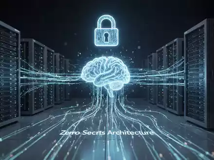 Abstrakte Darstellung sicherer KI-Datenarchitektur mit leuchtenden Linien zwischen Servern und KI-Gehirn, symbolisiert sicheren Datenfluss. - Foto: über boerse-global.de