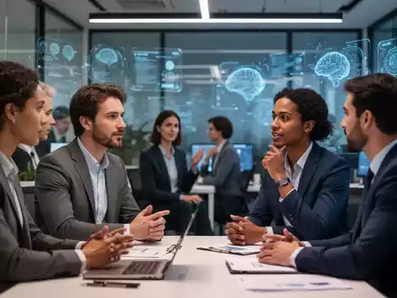 Geschäftsleute kommunizieren in einem modernen Büro, digitale Elemente deuten auf Technologie und KI hin. - Foto: über boerse-global.de