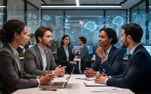 Geschäftsleute kommunizieren in einem modernen Büro, digitale Elemente deuten auf Technologie und KI hin. - Foto: über boerse-global.de