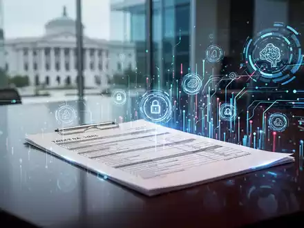 Ein stilisiertes, beleuchtetes Steuerformular auf einem dunklen Schreibtisch mit einer digitalen Oberfläche, die Datenströme und KI-Symbole zeigt. - Foto: über boerse-global.de