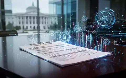 Ein stilisiertes, beleuchtetes Steuerformular auf einem dunklen Schreibtisch mit einer digitalen Oberfläche, die Datenströme und KI-Symbole zeigt. - Foto: über boerse-global.de