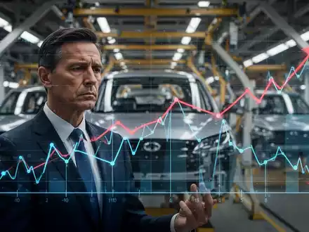 Ein Manager in einem Anzug betrachtet nachdenklich eine digitale Projektion eines fallenden Finanzdiagramms vor dem Hintergrund einer Autoproduktionslinie. - Foto: über boerse-global.de