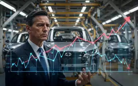 Ein Manager in einem Anzug betrachtet nachdenklich eine digitale Projektion eines fallenden Finanzdiagramms vor dem Hintergrund einer Autoproduktionslinie. - Foto: über boerse-global.de