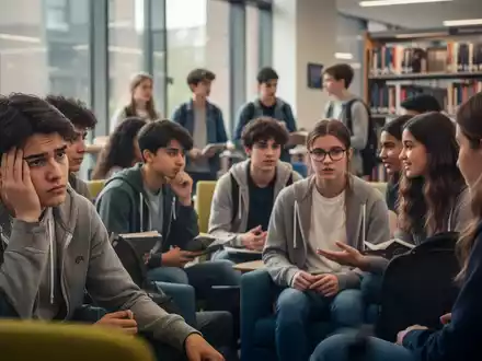 Eine Gruppe von Studierenden sitzt in einem modernen Bibliotheks- oder Universitätsbereich, manche wirken nachdenklich oder gestresst. - Foto: über boerse-global.de
