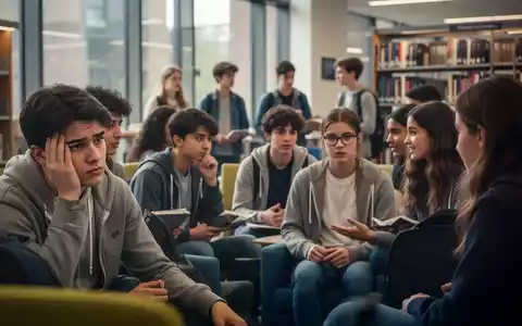 Eine Gruppe von Studierenden sitzt in einem modernen Bibliotheks- oder Universitätsbereich, manche wirken nachdenklich oder gestresst. - Foto: über boerse-global.de