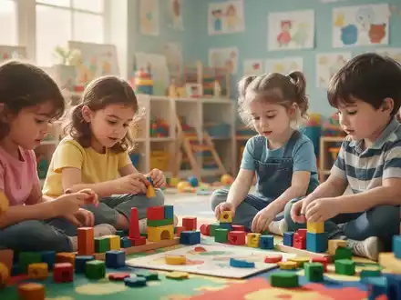 Kinder beim spielerischen Gedächtnistraining, umgeben von bunten Lernmaterialien in einer Kindertagesstätte. - Foto: über boerse-global.de