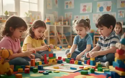 Kinder beim spielerischen Gedächtnistraining, umgeben von bunten Lernmaterialien in einer Kindertagesstätte. - Foto: über boerse-global.de