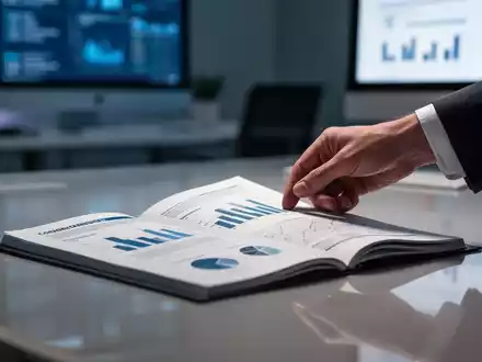 Eine Hand legt einen Finanzbericht auf einen Schreibtisch. Der Bericht ist offen und zeigt Diagramme und Zahlen. Im Hintergrund ein Büro. - Foto: über boerse-global.de