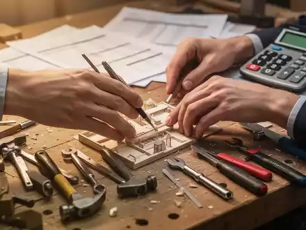 Nahaufnahme der Hände eines Handwerkers bei der Arbeit, mit Werkzeugen und unscharfen Finanzdokumenten im Hintergrund, die Bürokratieabbau symbolisieren. - Foto: über boerse-global.de
