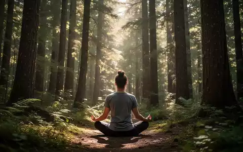 Eine Person meditiert ruhig in einem sonnenbeschienenen Wald, umgeben von Bäumen und sanftem Licht, was Resilienz und Naturverbindung symbolisiert. - Foto: über boerse-global.de
